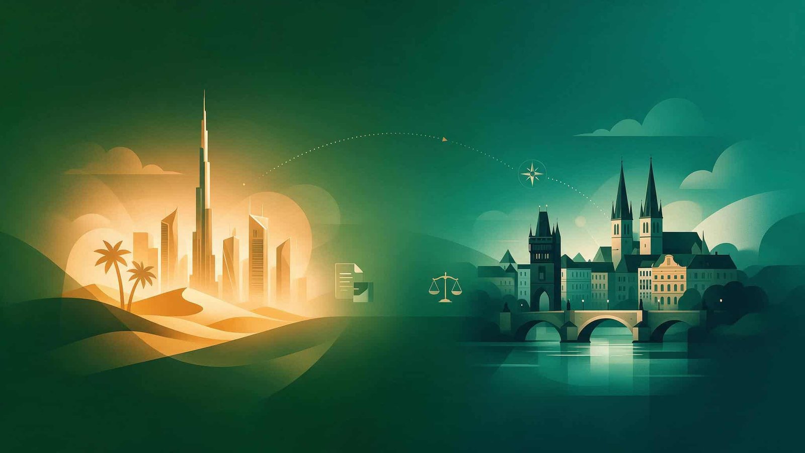 Skyline von Dubai und mitteleuropaeische Altstadt mit Flugroute dazwischen - Symbolbild zum Vergleich Firmengruendung Dubai und Tschechien