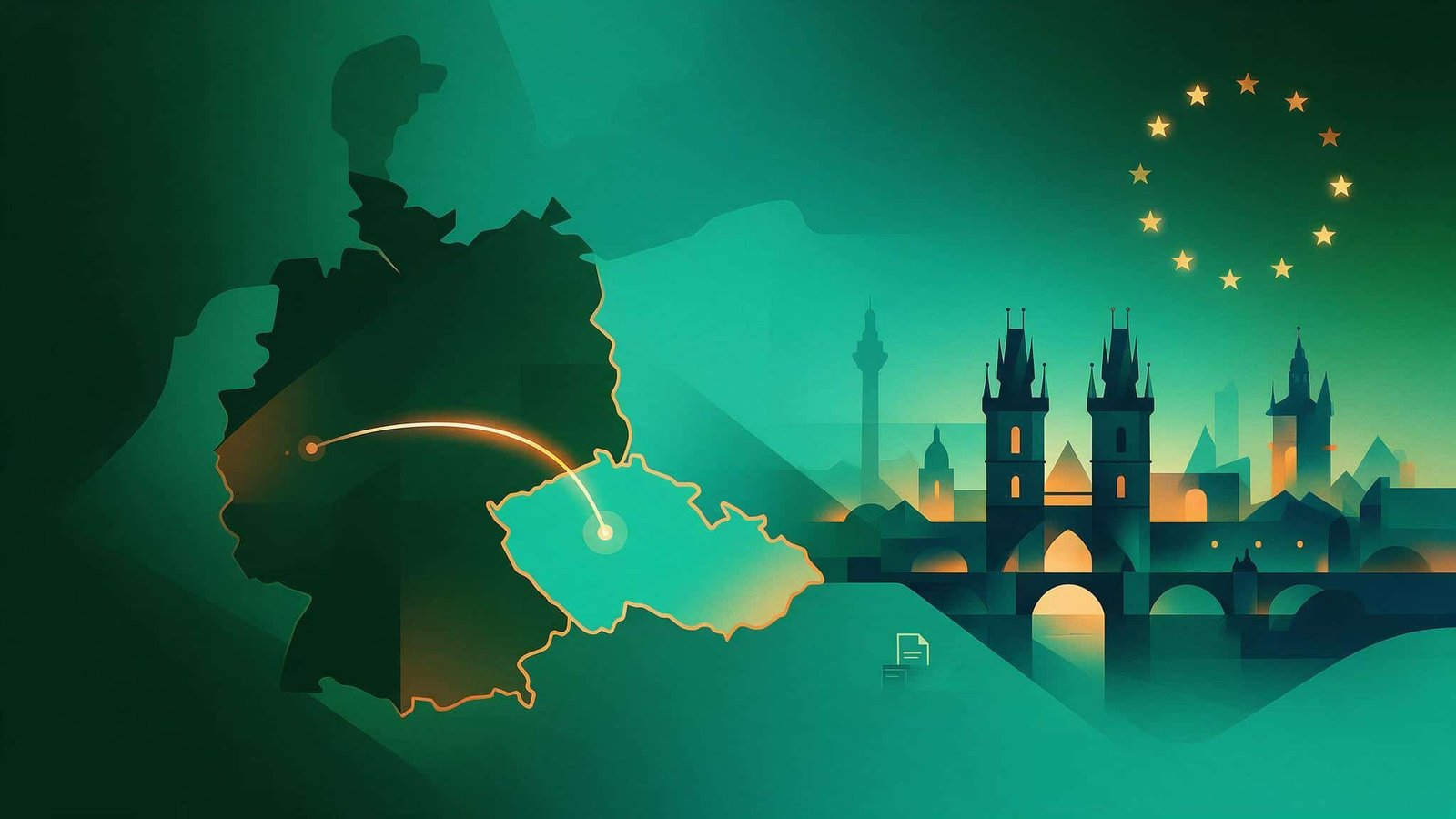 Route von Deutschland nach Tschechien mit Prager Skyline und EU-Sternenkreis - Symbolbild zur Wegzugsbesteuerung